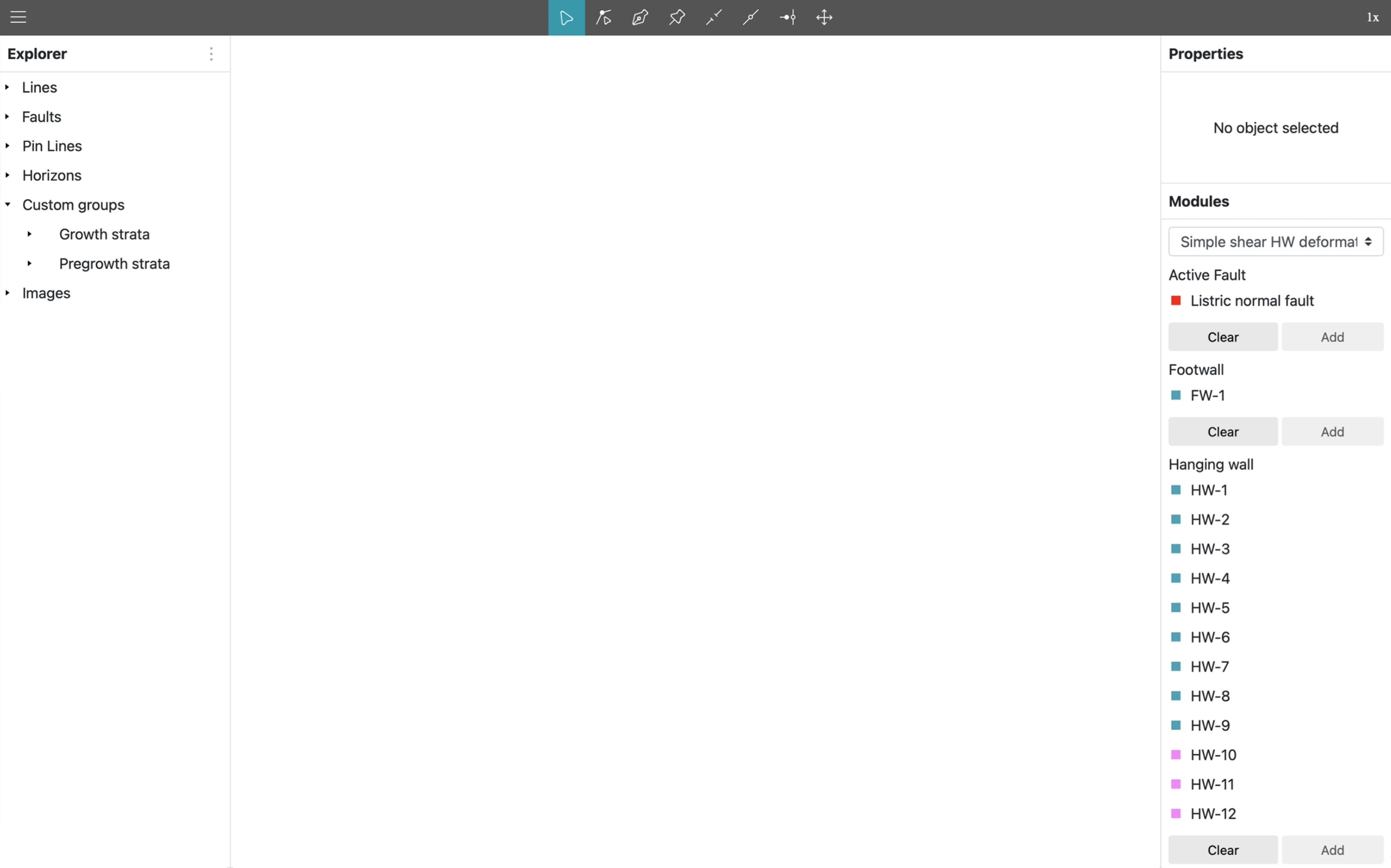 Deform desktop interface showing 2D cross-section balancing with fault geometries and horizon restoration
